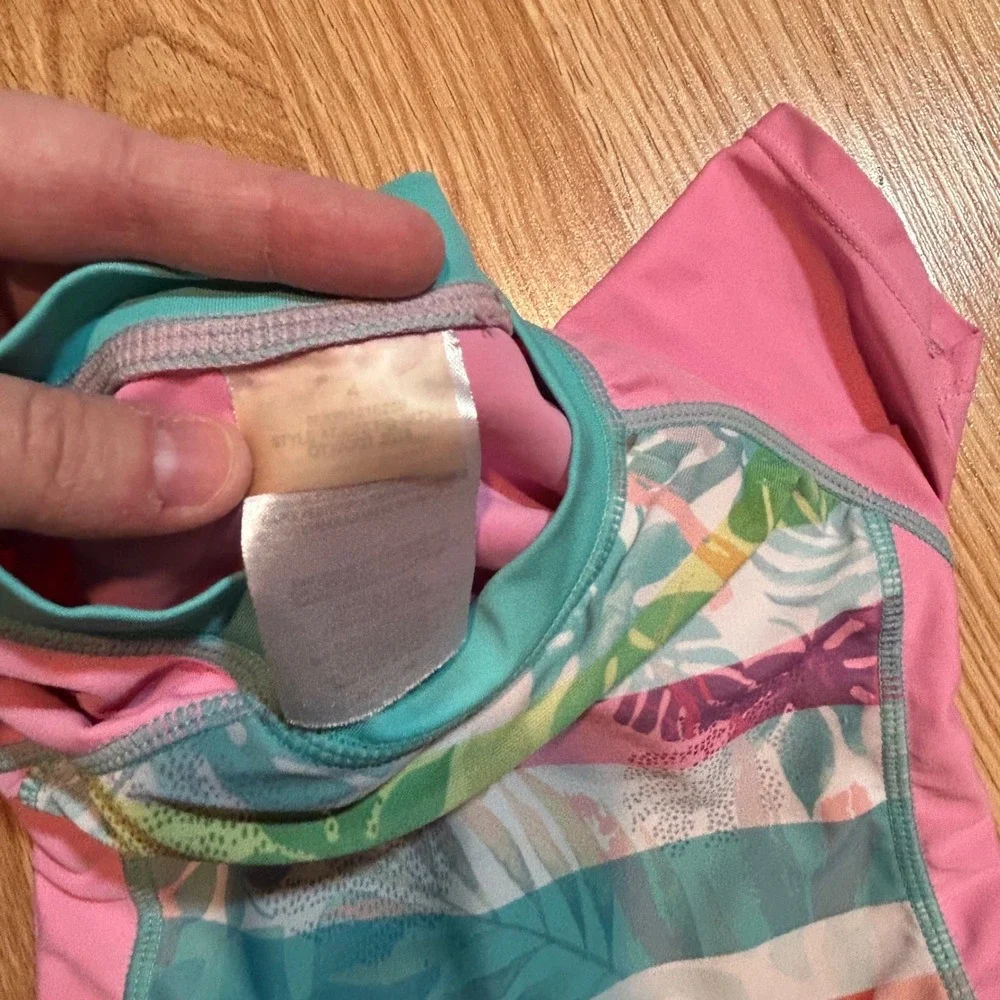 Jantzen Tropical Rash Guard Swimsuit Set Pink Teal Stripe Floral 2-Piece Size‎ 4